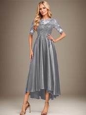 A-line Scoop Illusion Asymmetrical Stretch Satin Lace Mother of the Bride Dress With Sequins