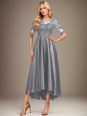 A-line Scoop Illusion Asymmetrical Stretch Satin Lace Mother of the Bride Dress With Sequins