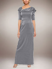 Long Shimmer Column Dress with Foldover Cuff L-Neckline and Elbow Sleeves