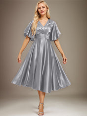 A-line V-Neck Tea-Length Stretch Satin Mother of the Bride Dress With Beading Pleated