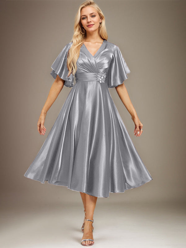 A-line V-Neck Tea-Length Stretch Satin Mother of the Bride Dress With Beading Pleated