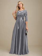 A-line Scoop Illusion Floor-Length Stretch Satin Lace Mother of the Bride Dress With Bow Sequins