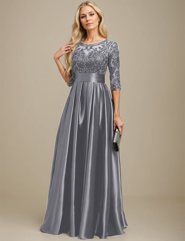 A-line Scoop Illusion Floor-Length Stretch Satin Lace Mother of the Bride Dress With Bow Sequins