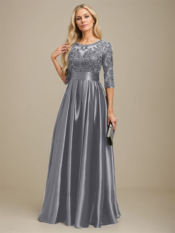 A-line Scoop Illusion Floor-Length Stretch Satin Lace Mother of the Bride Dress With Bow Sequins
