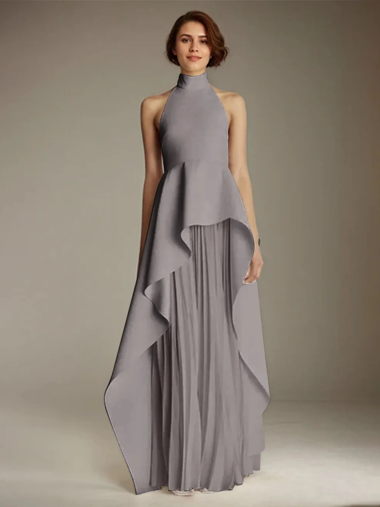 White Sleeveless High Neck Chiffon Long Formal Dress With Ruffles