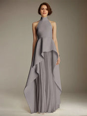 White Sleeveless High Neck Chiffon Long Formal Dress With Ruffles