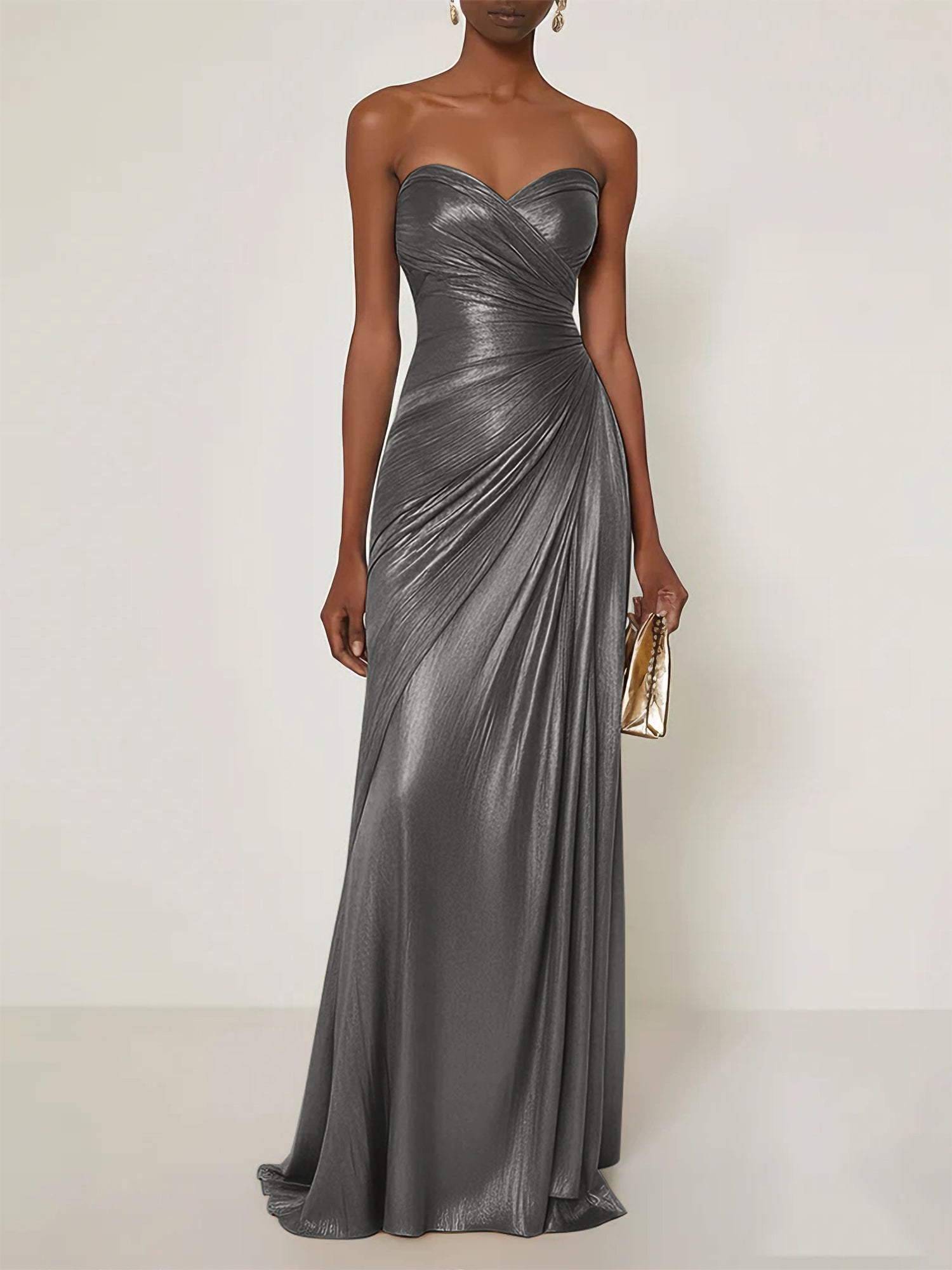 Evening Formal Dress V Neck Silver Silk Ruffles Strapless Maxi Dress