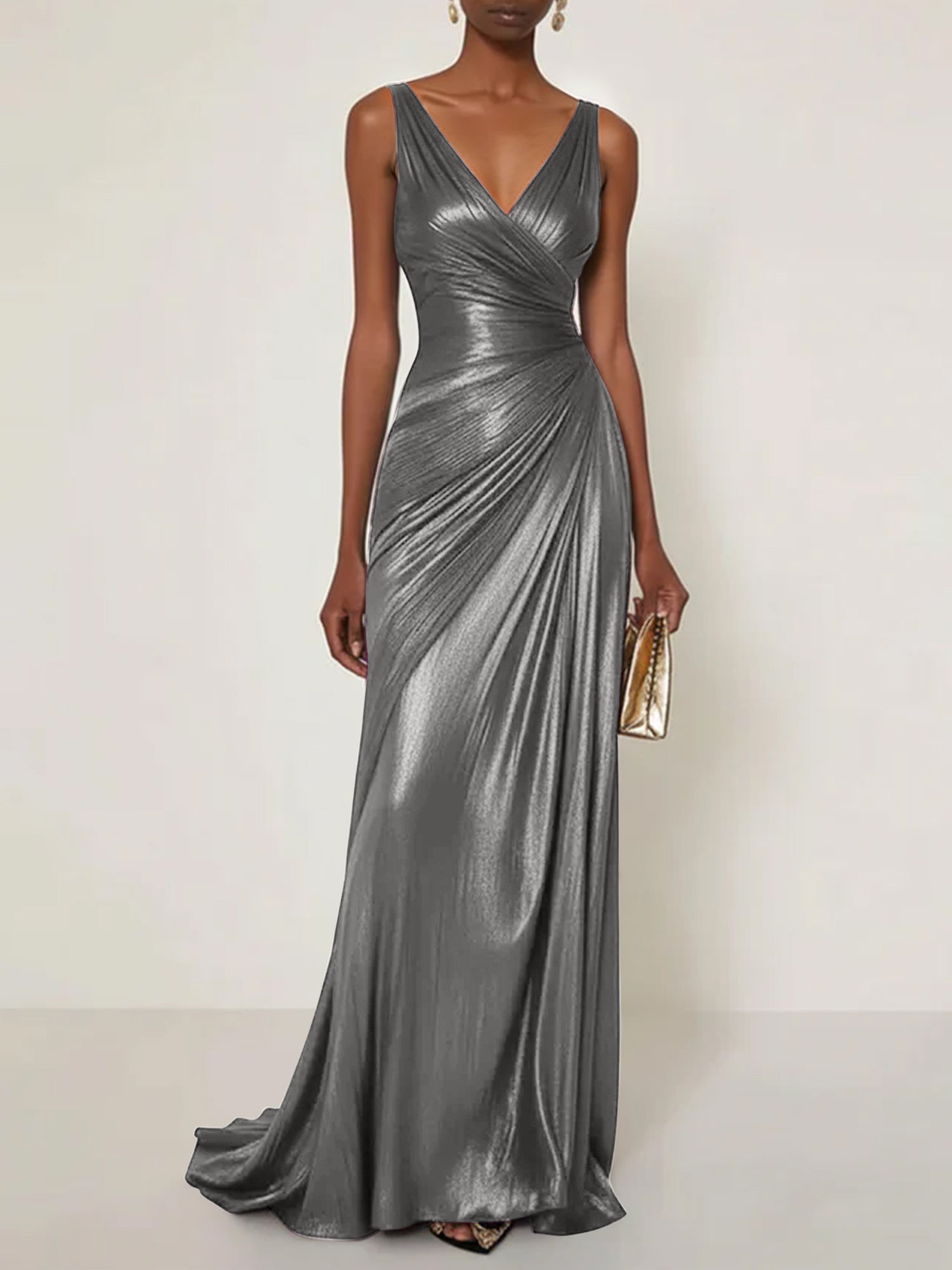 Evening Formal Dress V Neck Silk Ruffles Maxi Dress Gown