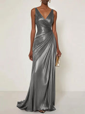 Evening Formal Dress V Neck Silk Ruffles Maxi Dress Gown