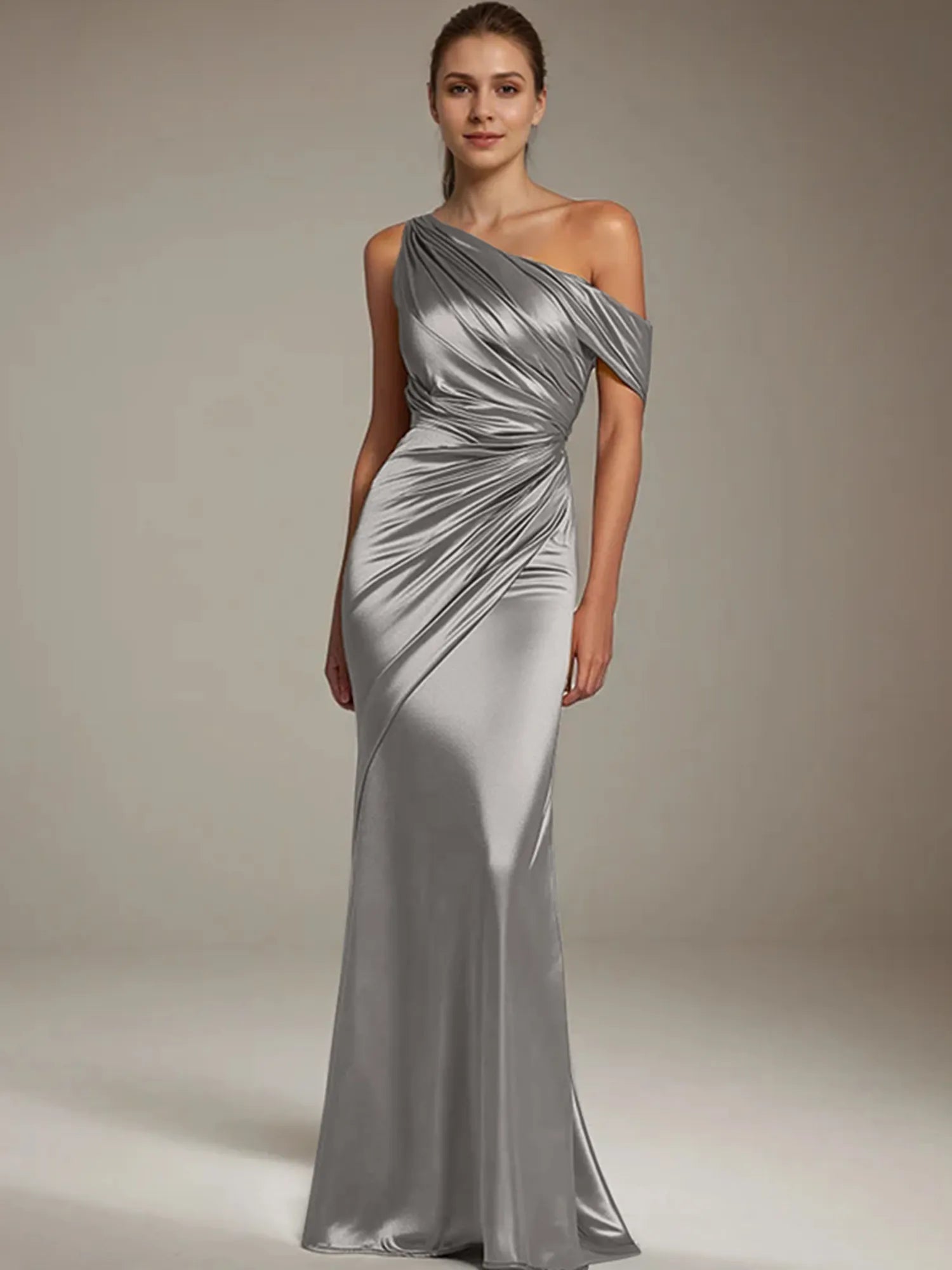 Formal Party Satin Dress Silver One-Shoulder Pleated  Floor-Length Dress