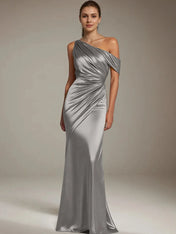 Formal Party Satin Dress Silver One-Shoulder Pleated  Floor-Length Dress
