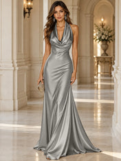 Elegant and Luxurious Cowl-neck Champagne Gold Satin Maxi Dress