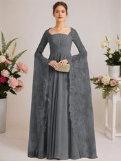 A-line Square Floor-Length Chiffon Lace Evening Dress With Beading Pleated