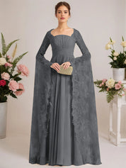 A-line Square Floor-Length Chiffon Lace Evening Dress With Beading Pleated
