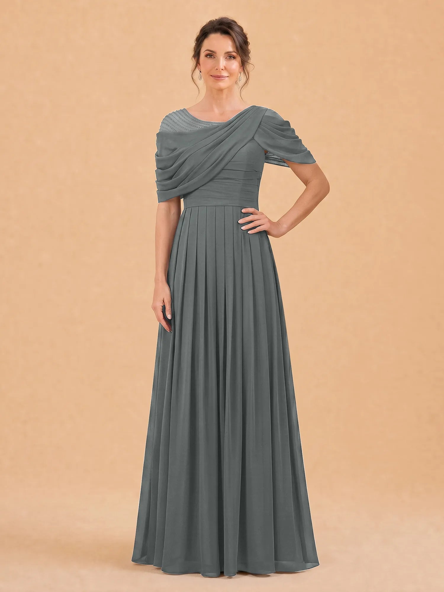 One-Shoulder Cape Overlay Chiffon Mother of the Bride Dress