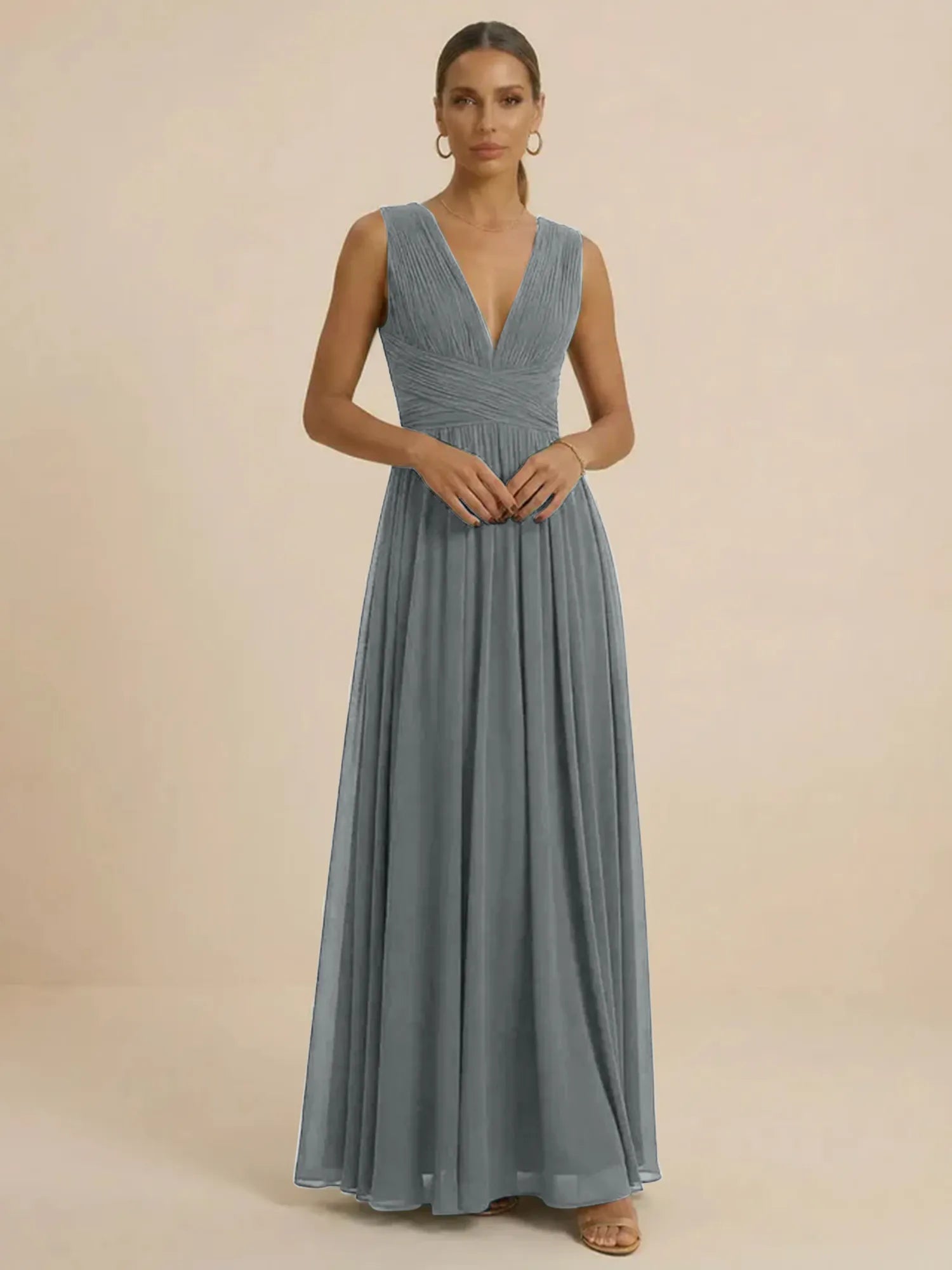 Teal Pleated V-Neck Chiffon Evening Gown with Ruched