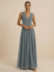 Teal Pleated V-Neck Chiffon Evening Gown with Ruched
