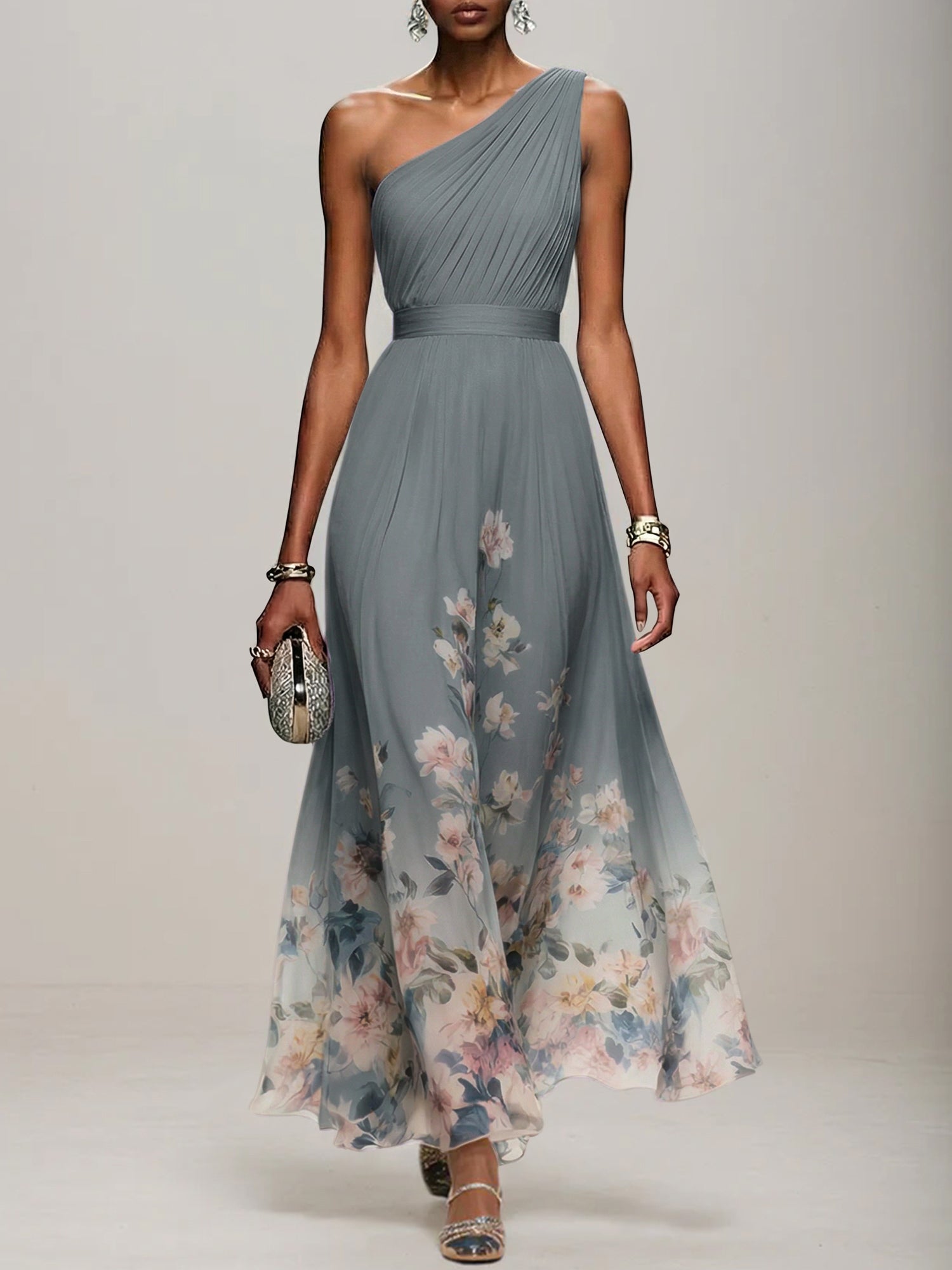 Light Blue Floral Chiffon One Shoulder Sleeveless A-Line Maxi Dress Gown