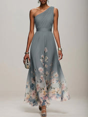 Light Blue Floral Chiffon One Shoulder Sleeveless A-Line Maxi Dress Gown