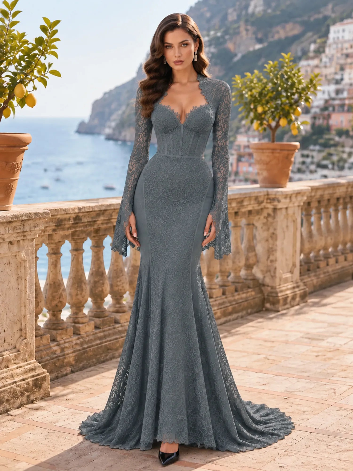 Long-Sleeve Lace-Trimmed Mermaid Evening Dress