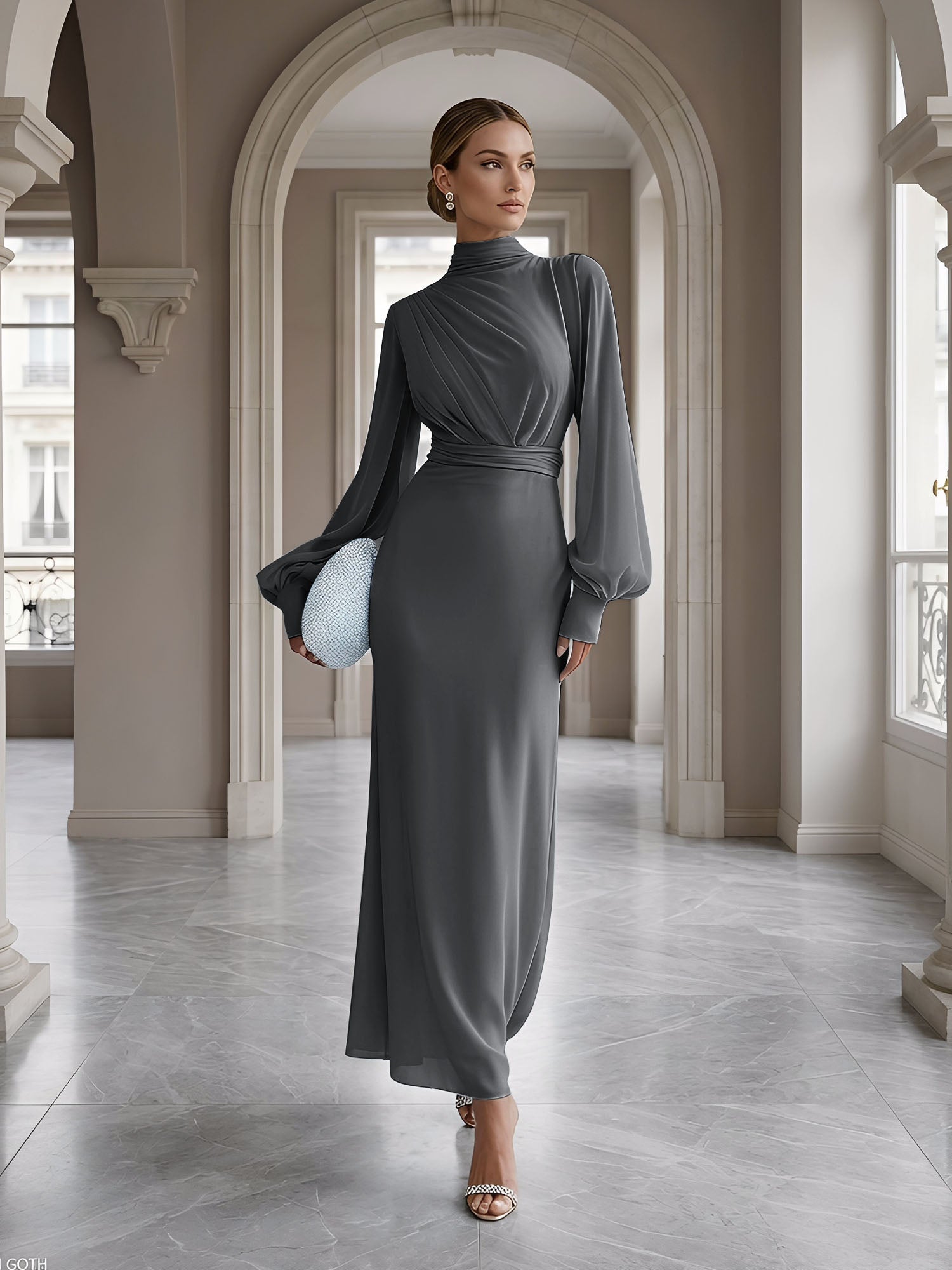 Ice Blue High-Neck Bishop Sleeve Gown Foraml Evening Dress