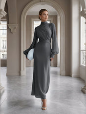Ice Blue High-Neck Bishop Sleeve Gown Foraml Evening Dress