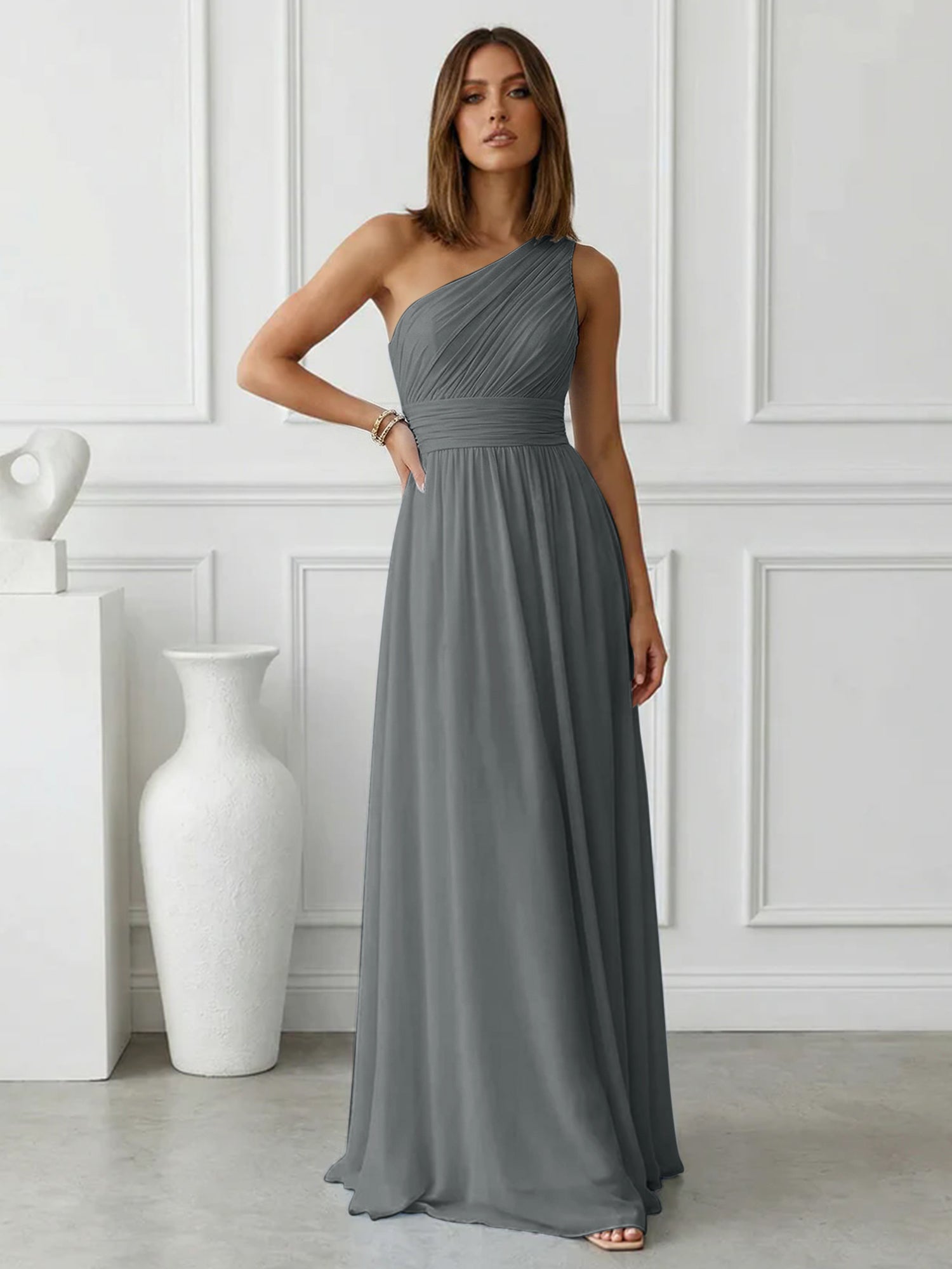 Timeless Light Blue One-Shoulder Maxi Dress Ruched Chiffon Gown