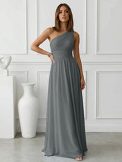 Timeless Light Blue One-Shoulder Maxi Dress Ruched Chiffon Gown