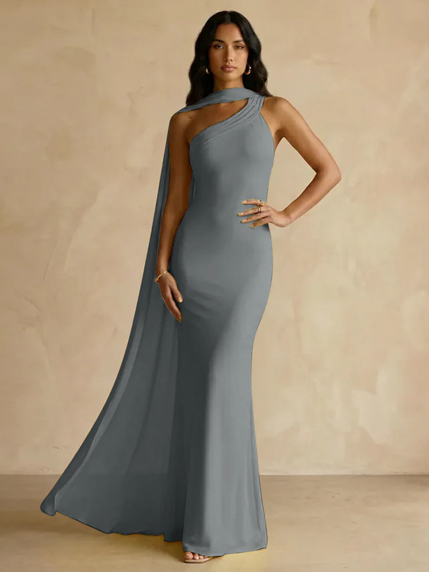 Yellow One-Shoulder Crepe Sheath Gown with Flowing Chiffon Cape Train