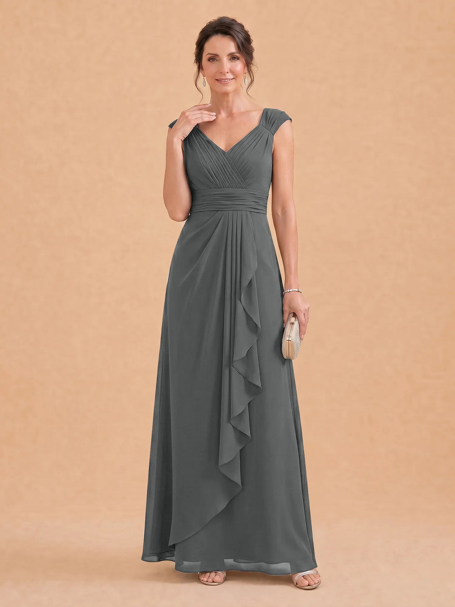 V-Neck Ruched Chiffon A-Line Mother of the Bride Dress with Cascading Ruffle