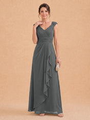 V-Neck Ruched Chiffon A-Line Mother of the Bride Dress with Cascading Ruffle