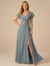 Sage Green V-Neck High-Slit Pleated Chiffon Dress