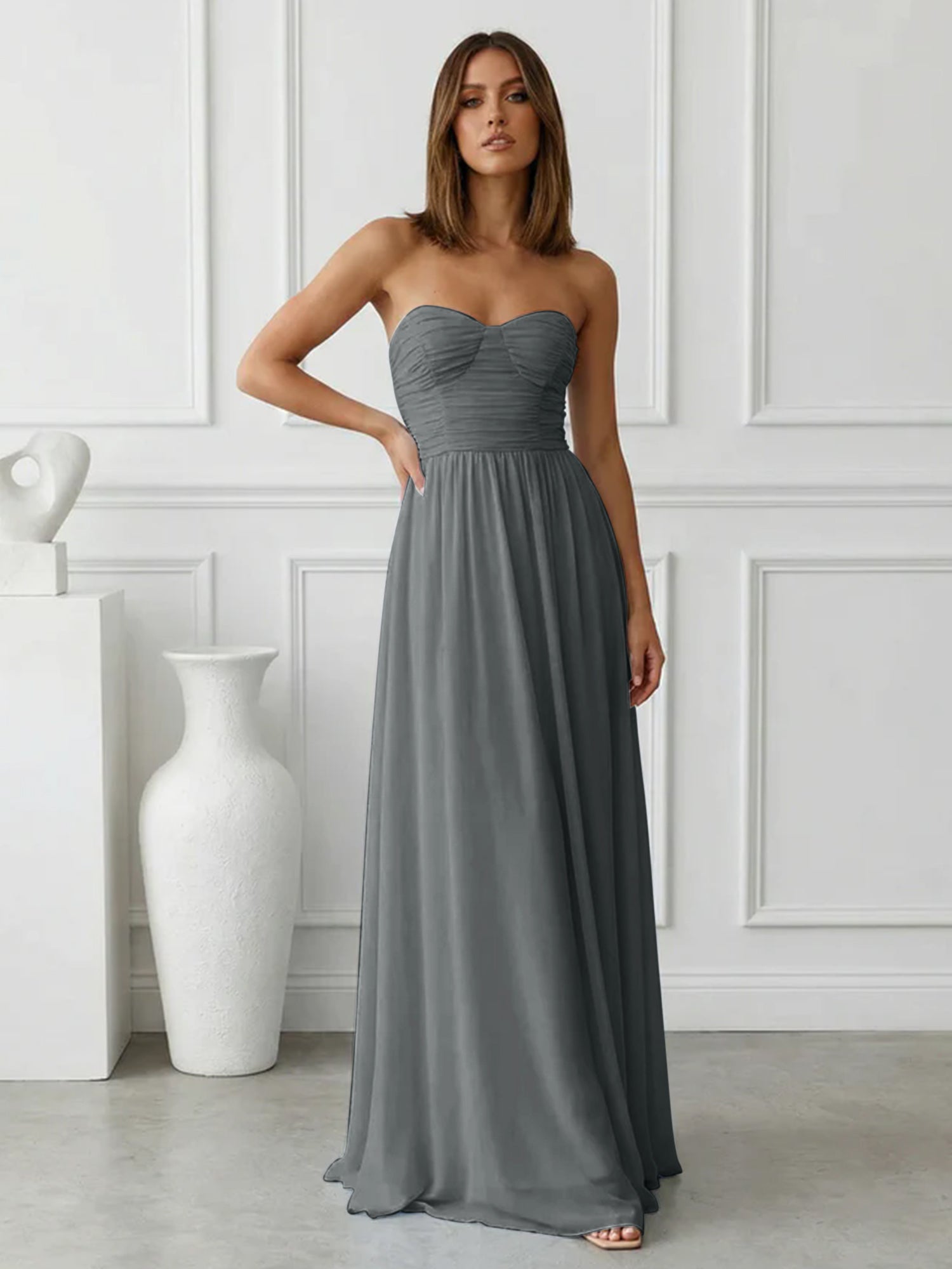 Light Blue Sweetheart Chiffon A Line Maxi Dress with Pleat