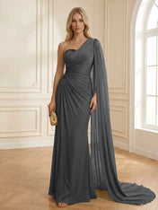 Sage Green One Shoulder Beaded Evening Gown with Cape Sleeve