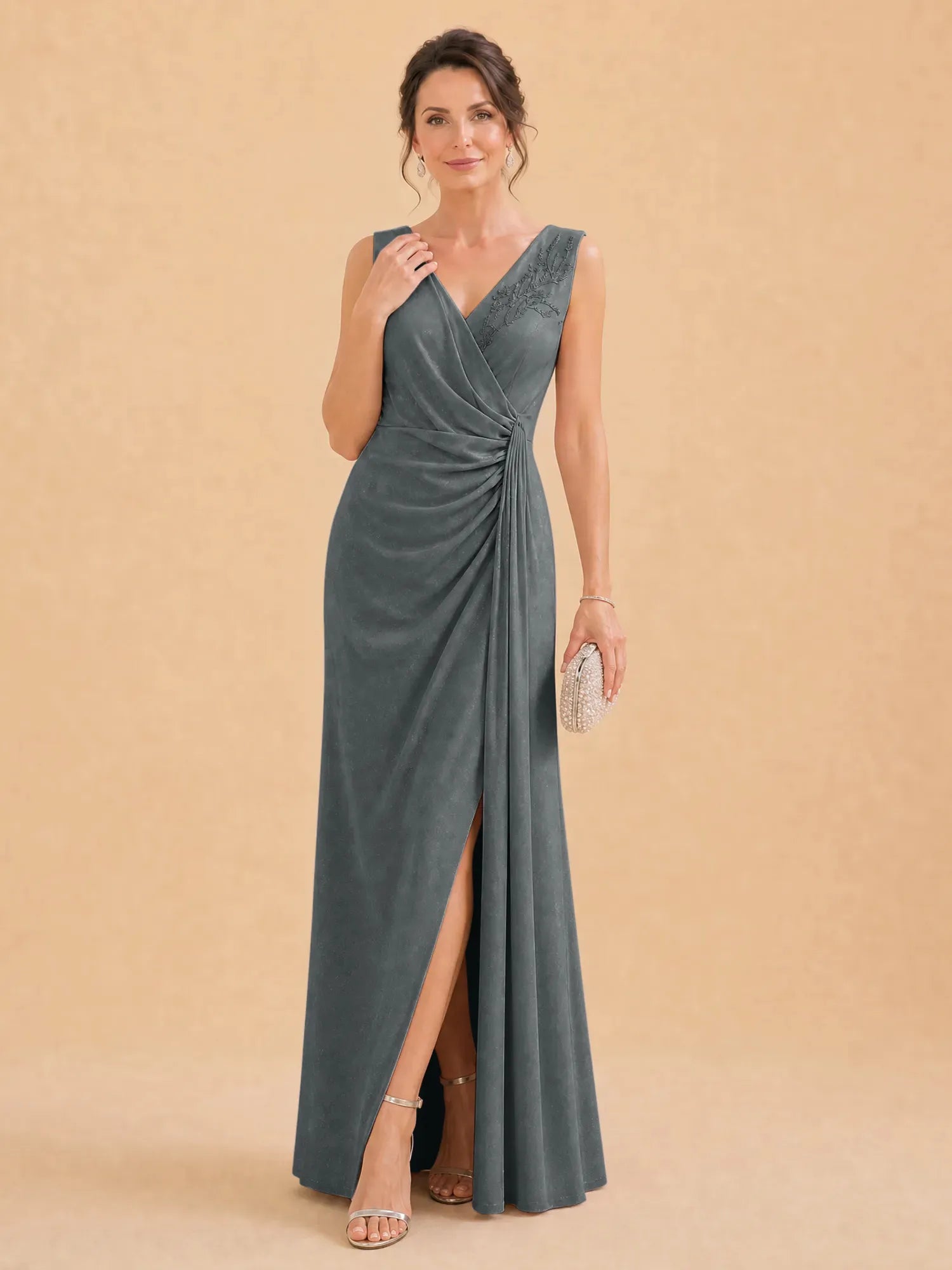 V-Neck Faux-Wrap Evening Gown with Side Draping Mother of The Bride Dresses