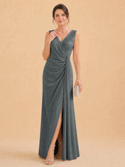 V-Neck Faux-Wrap Evening Gown with Side Draping Mother of The Bride Dresses