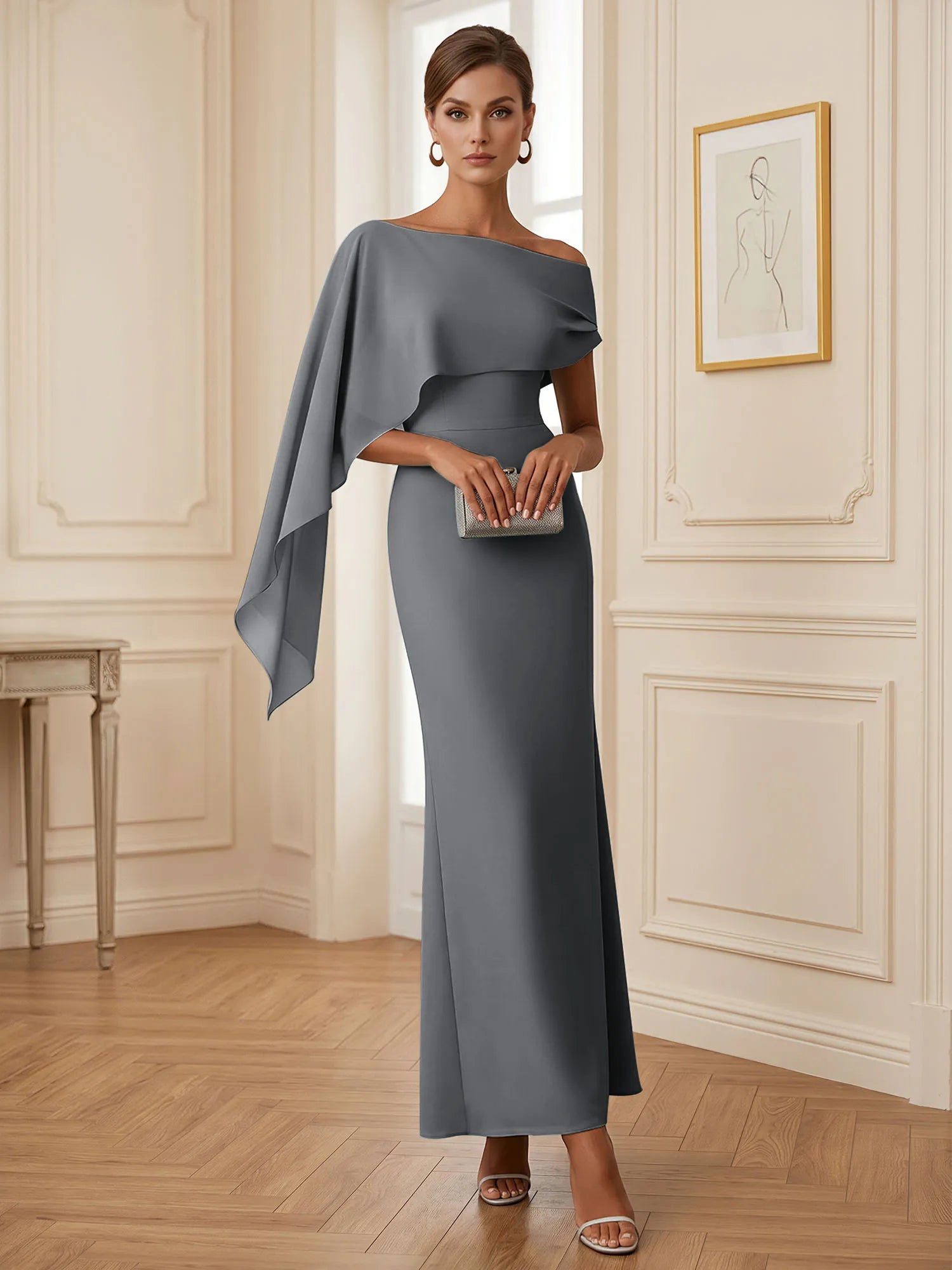 Elegant Mint Green One-Shoulder Chiffon Mermaid Formal Evening Dress with Cape and Ruffles