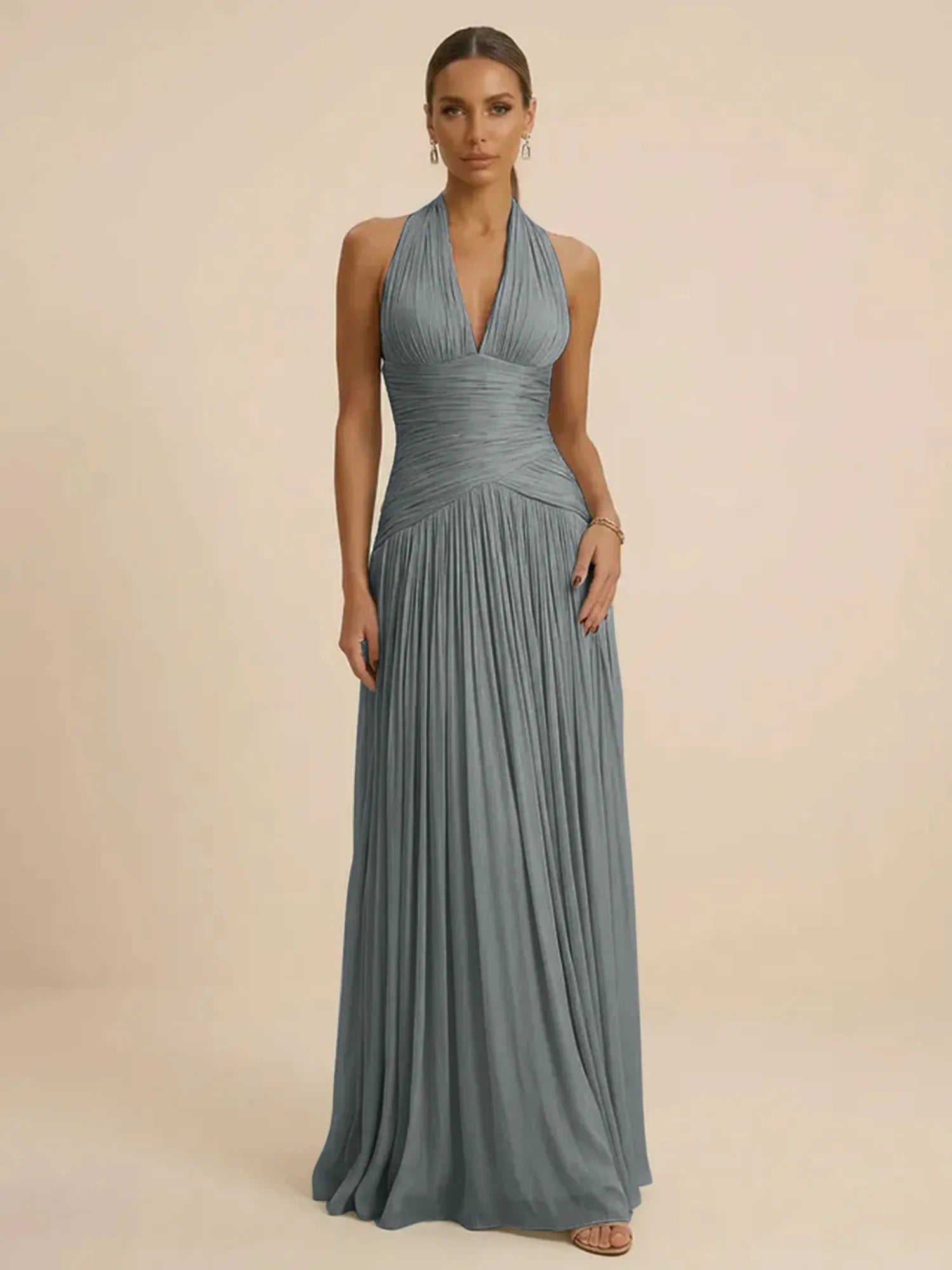 Sage Green Halter Neck Pleated Chiffon Evening Gown with Ruched