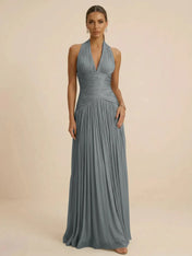 Sage Green Halter Neck Pleated Chiffon Evening Gown with Ruched