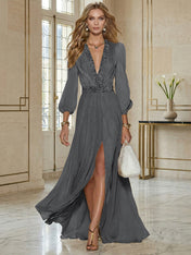 Elegant Beige Chiffon V-neck With Rhinestone Embellishments And A Side Slit Maxi Dress