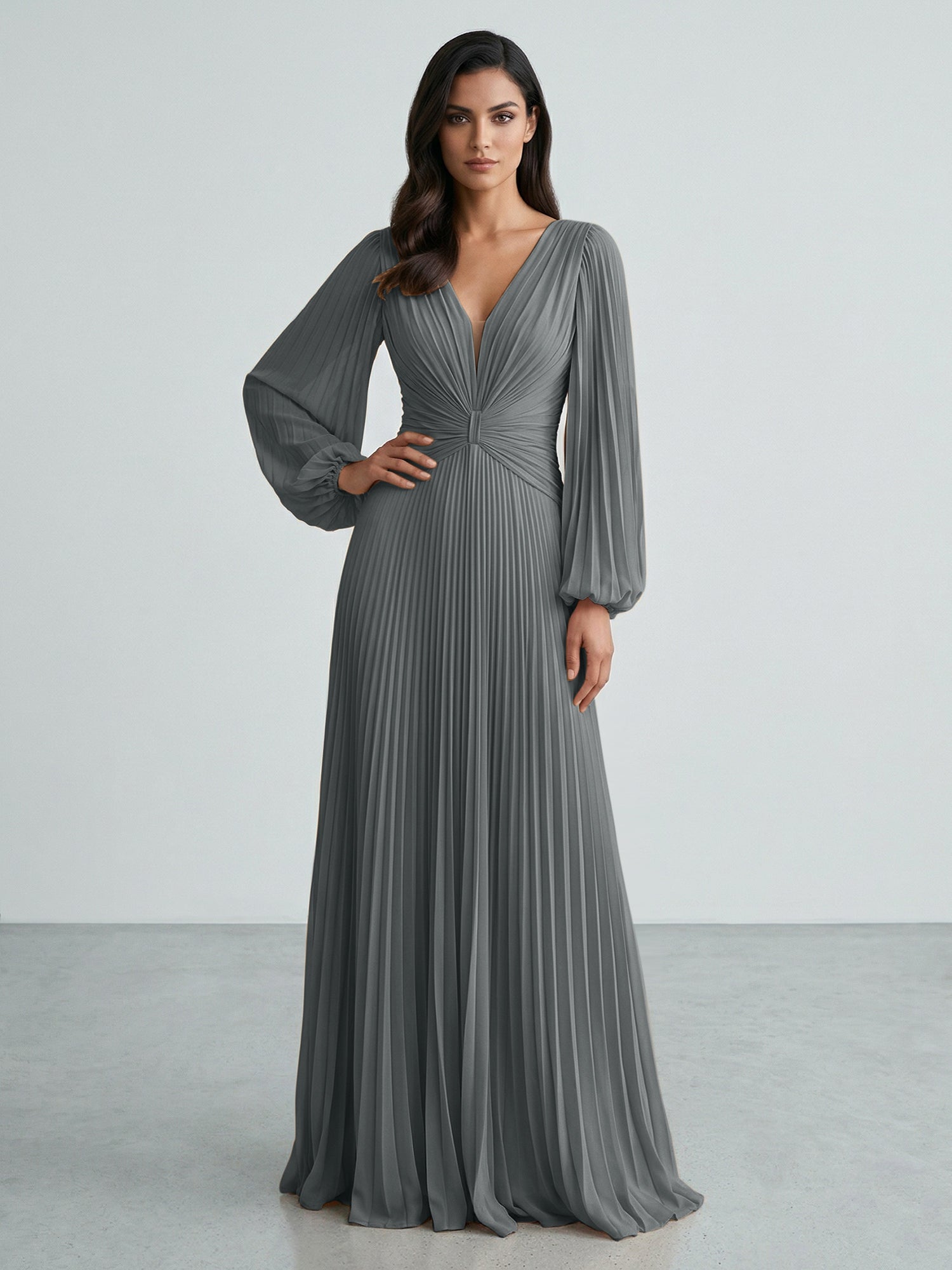Slate Blue Plunging V-Neck Pleated Long Sleeve Maxi Dress Gown