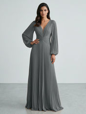 Slate Blue Plunging V-Neck Pleated Long Sleeve Maxi Dress Gown