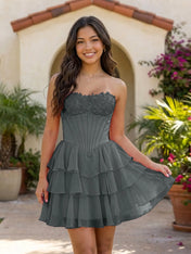 Pink Lace Strapless Corset Mini Dress Tiered Chiffon Skirt Lace Up Back Homecoming Dresses