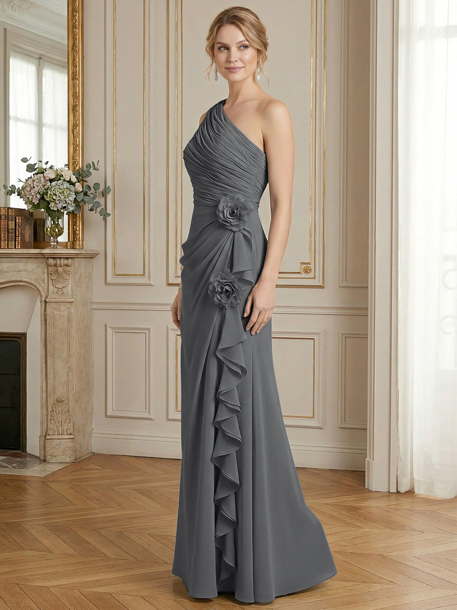 Dusty Blue One-Shoulder Ruched Floral Maxi Dress Gown