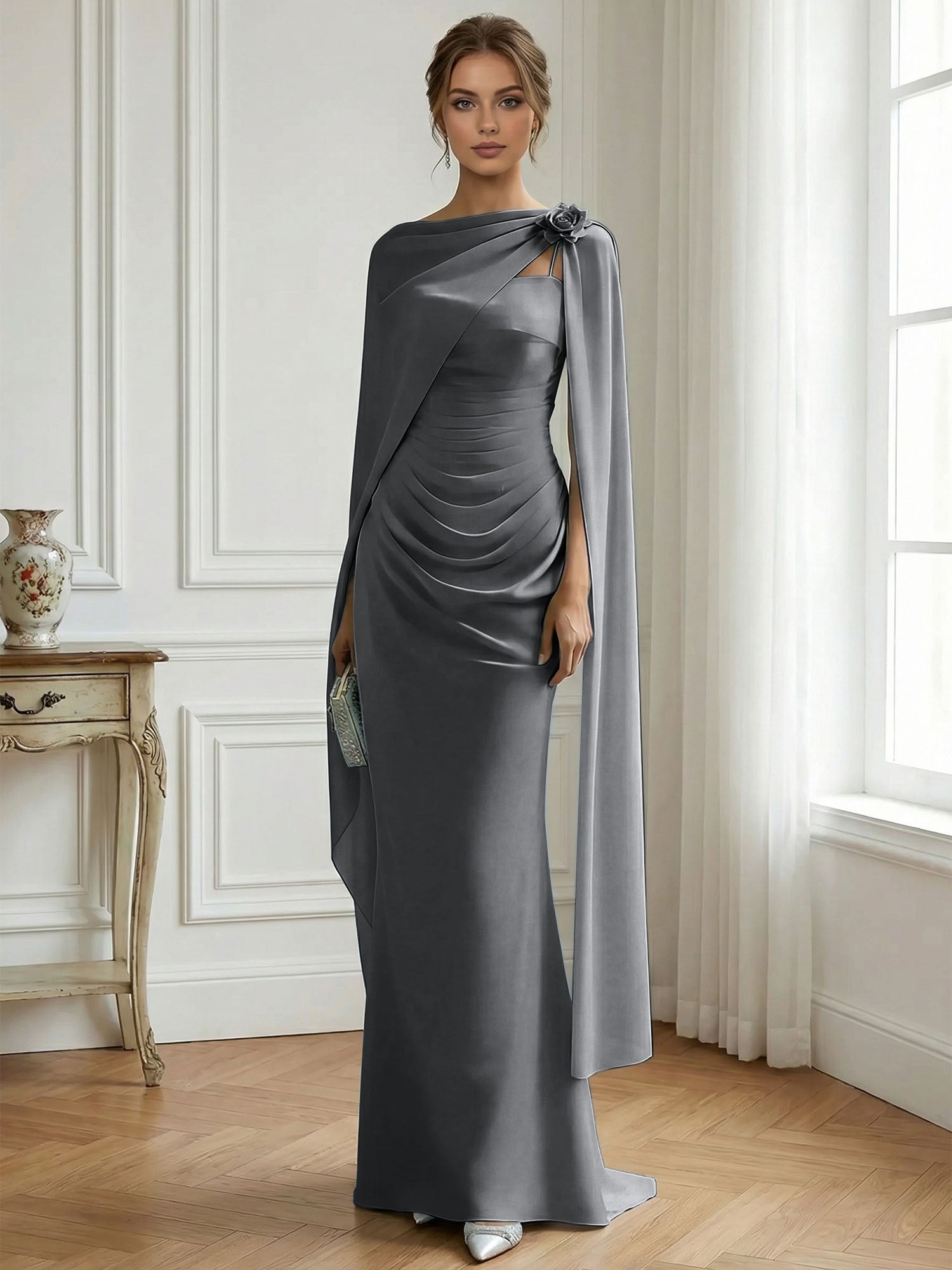 Formal Evening Gown Ice Blue Ruched Satin Maxi Dress with Sheer Floral Cape