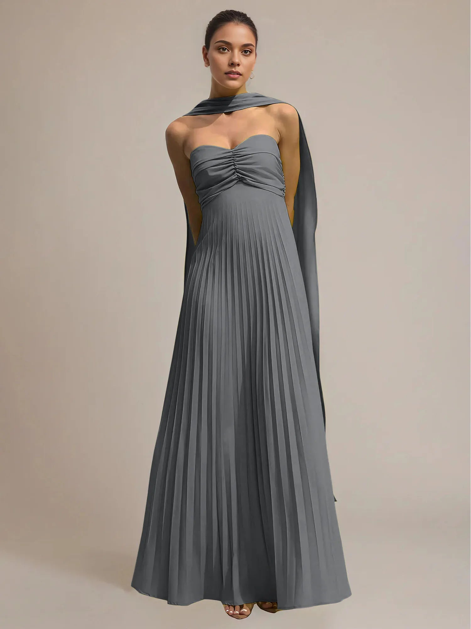 Green Chiffon A Line Off The Shoulder Sleeveless Floor Length Pleated Dress