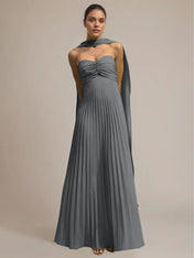 Green Chiffon A Line Off The Shoulder Sleeveless Floor Length Pleated Dress
