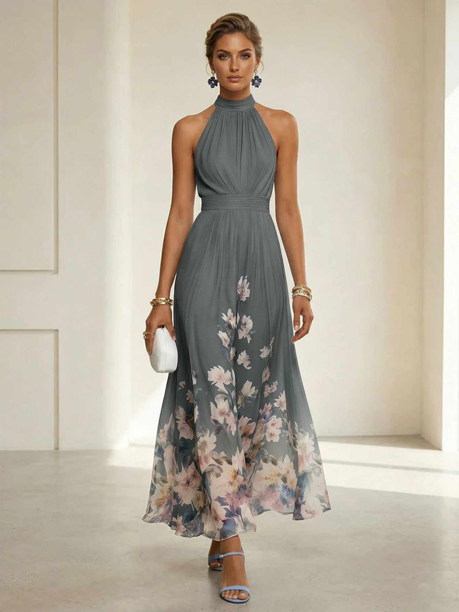 Light Blue Floral Chiffon Halter Sleeveless A-Line Maxi Dress Gown