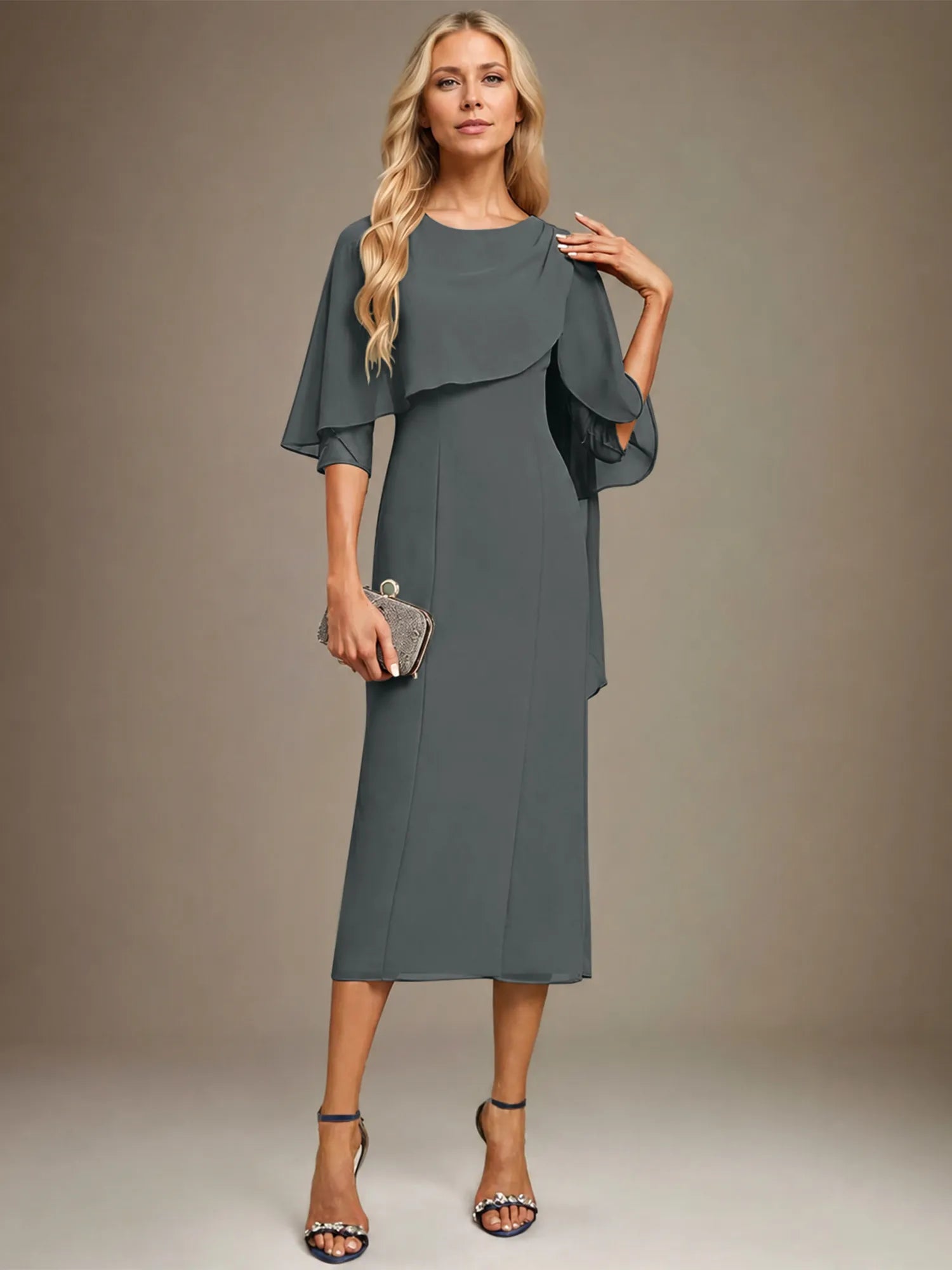 Column Scoop Tea Length Chiffon Dress With Pleated Beading