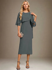 Sheath/Column Scoop Tea Length Chiffon Dress With Pleated Beading